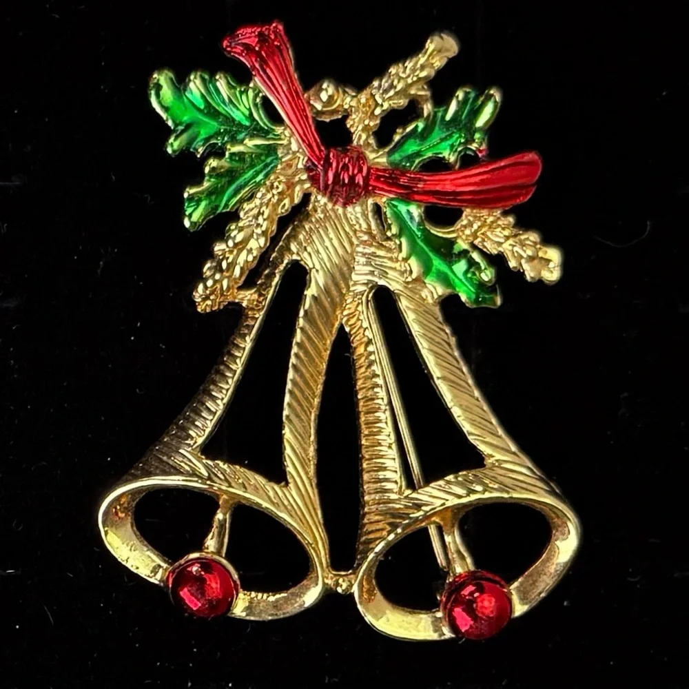 Vintage Christmas Double Bells Brooch Red Green Holly Bow Holiday Pin
